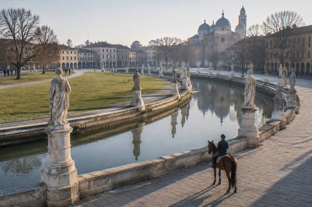 A rider pausing by the canal and statue ring at Prato della Valle in Padua