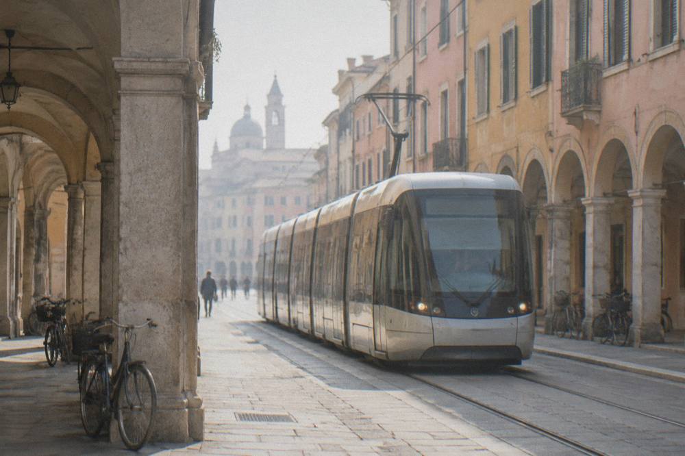 A modern tram passing arcaded buildings on a street in Padua