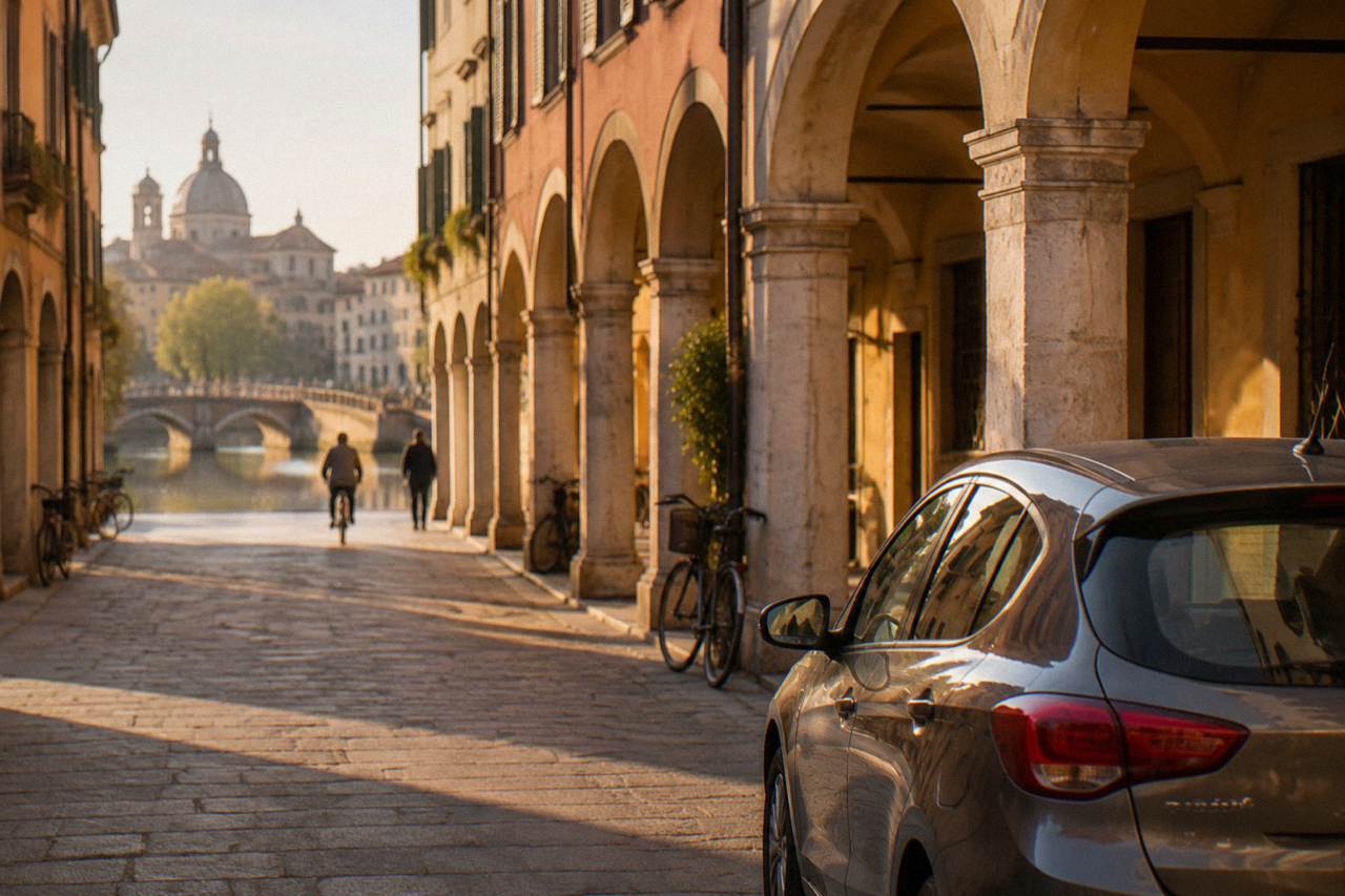 A rental car parked on a quiet street beside arcaded buildings in Padua