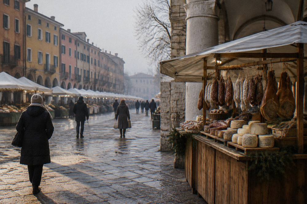 A wooden market stall with hanging cured meats and cheese wheels under a stone arcade