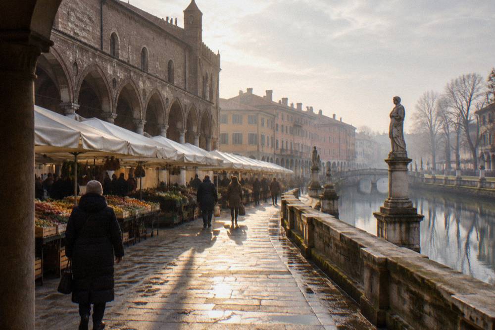 A canal-lined square with statues and market awnings, seen on a bright winter morning