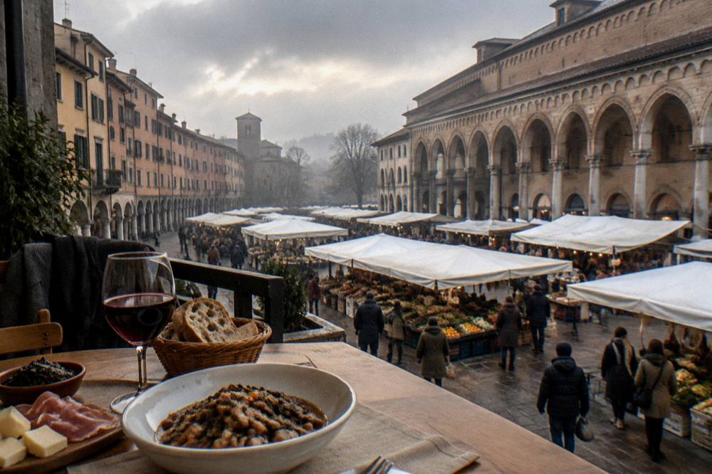 A table with local dishes, bread and a glass of red wine in a small osteria