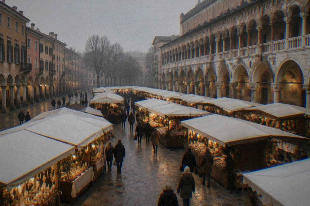Wooden market stalls lit in the evening on a stone square