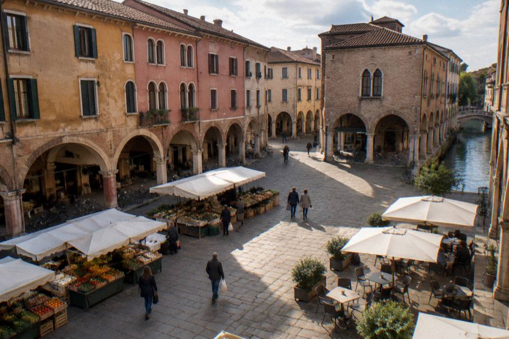 Arcaded square in Padua with market stalls and cafe tables under medieval buildings