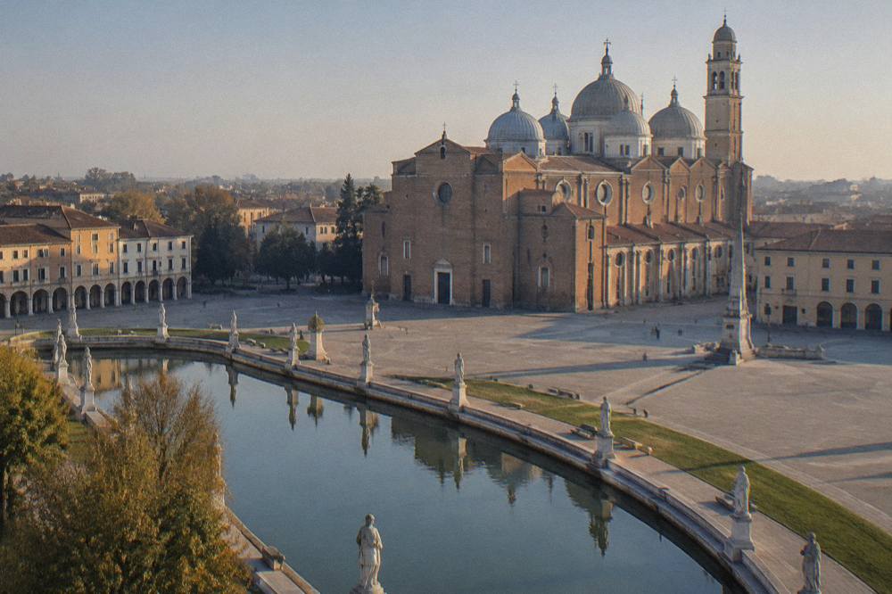 Large domed basilica seen across a broad square with a canal and statues