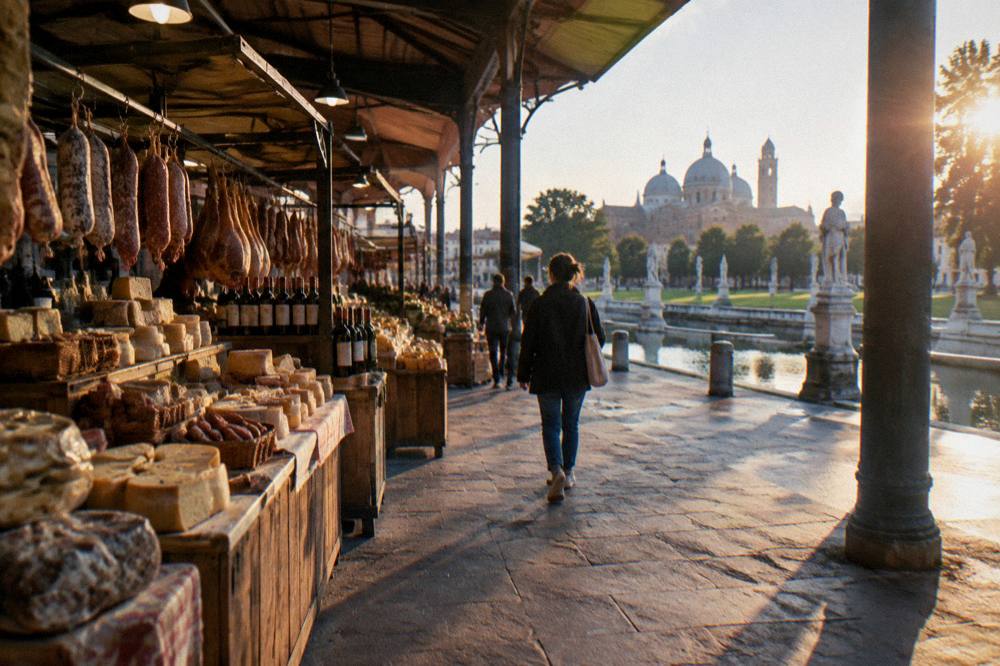 A covered food market hall with cured meats, cheese and wine on wooden stalls