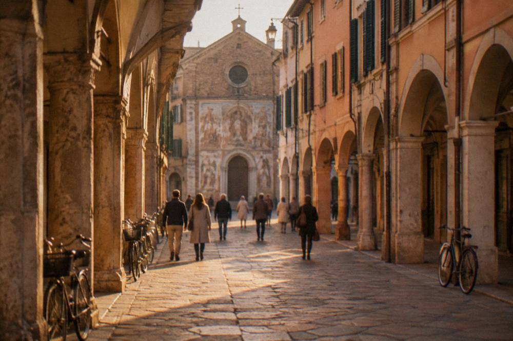 Visitors walking through an arcaded Padua street toward a frescoed chapel facade