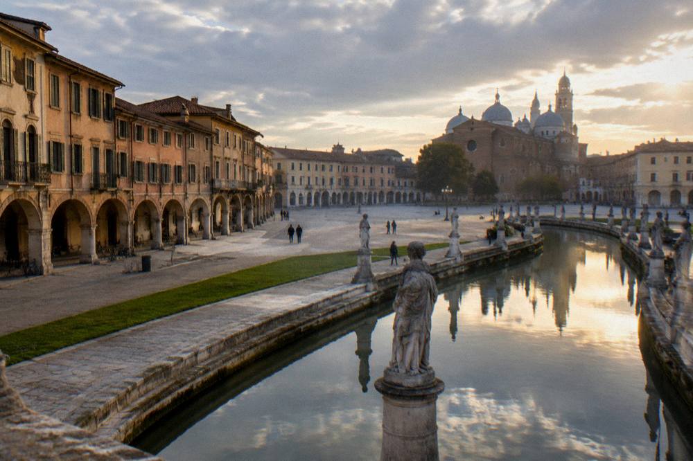 Evening light on a broad Padua square with a canal ring and rows of stone statues