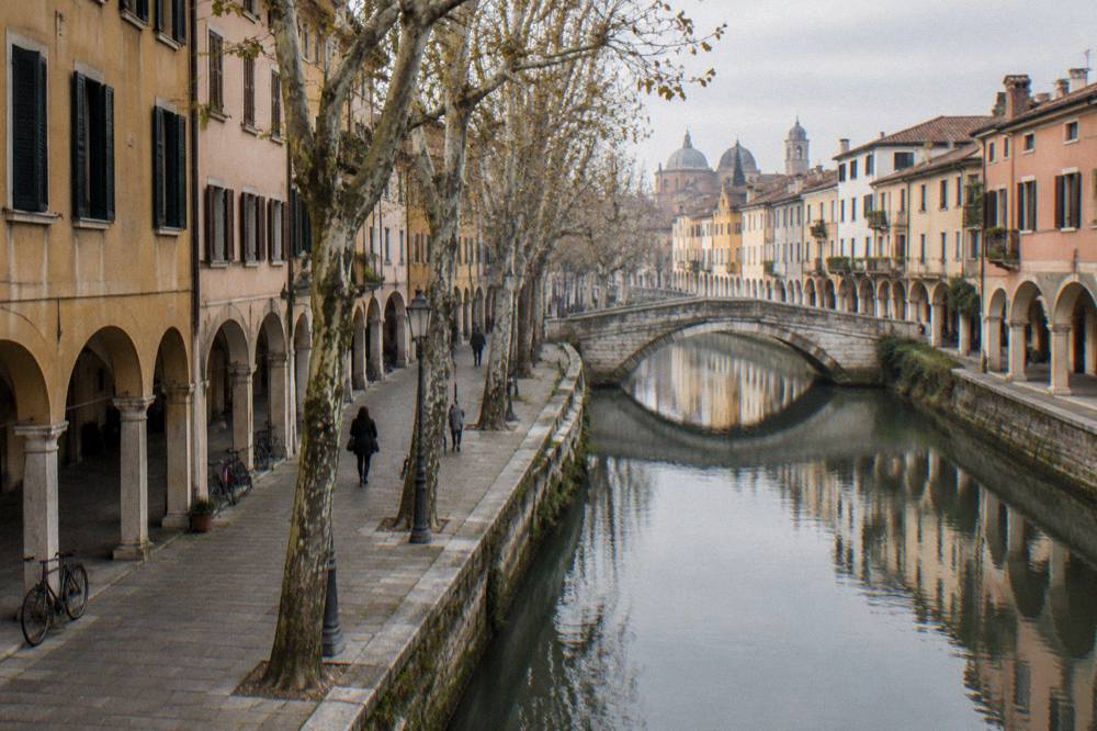 A canal-side path in Padua with plane trees, water reflections and a stone bridge