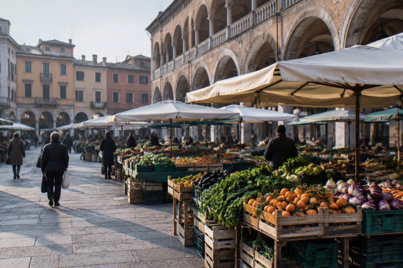 Arcaded historic buildings and a market square in the centre of Padua