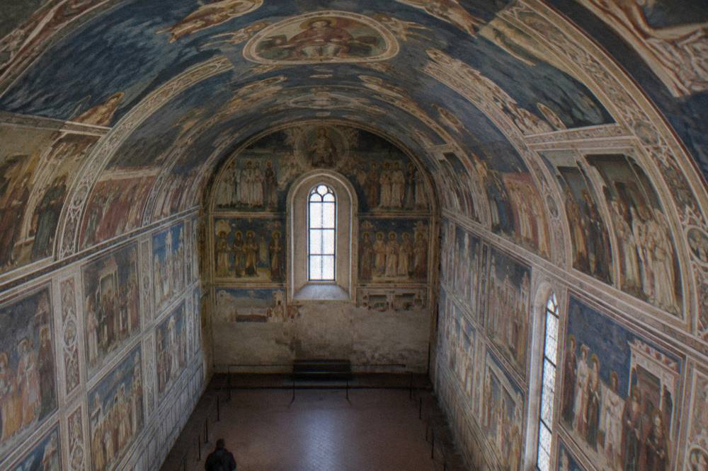The frescoed interior ceiling of the Scrovegni Chapel with narrative scenes