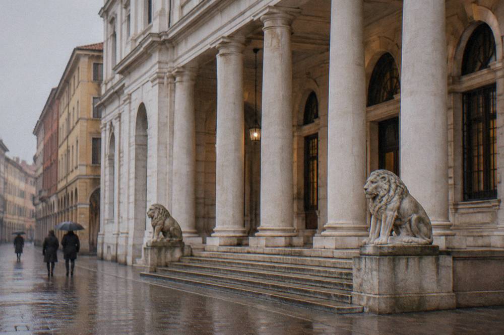 The neoclassical facade of Caffe Pedrocchi on a Padua street