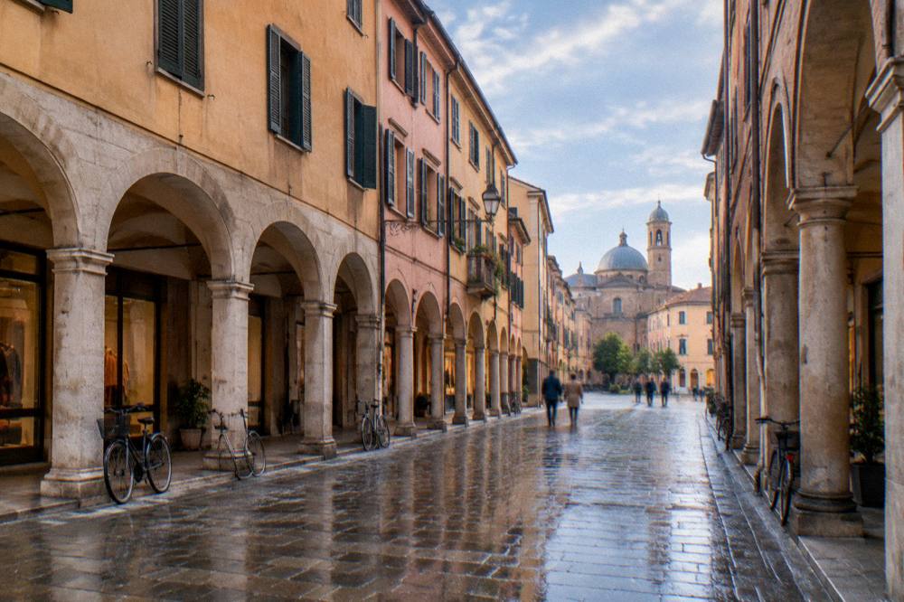 An arcaded street in Padua sheltering shopfronts along the old centre
