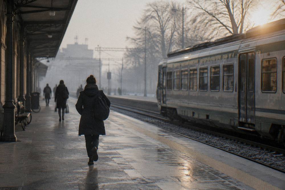 A regional train at a platform of Padua station under a winter sky