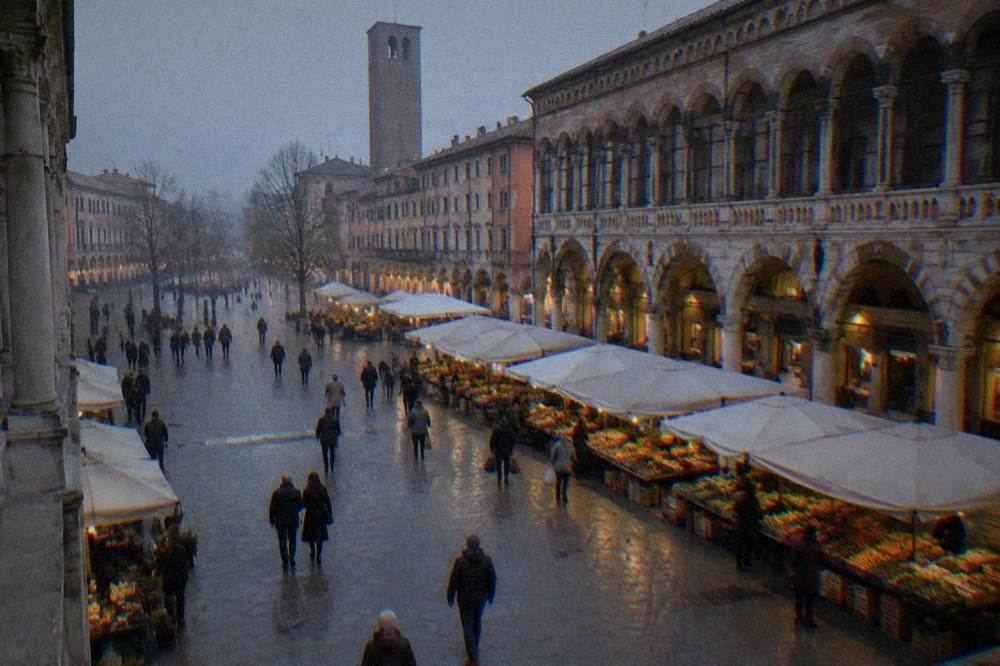Quiet arcaded street in cool winter light