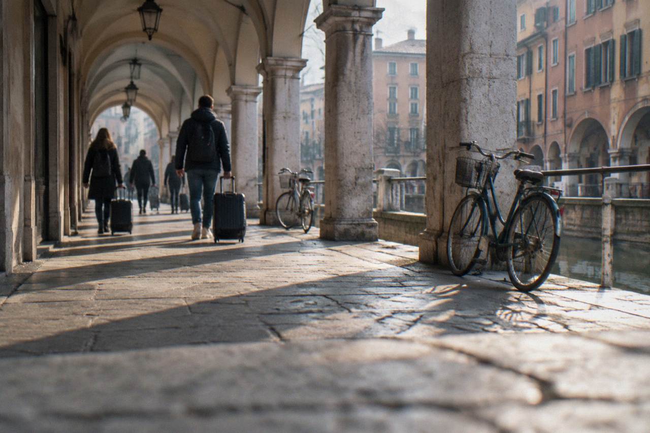 Travellers with suitcases walking through the arched arcade outside Padua railway station