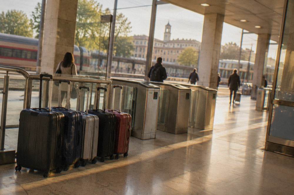 Suitcases lined up beside a ticket gate in a bright railway station concourse