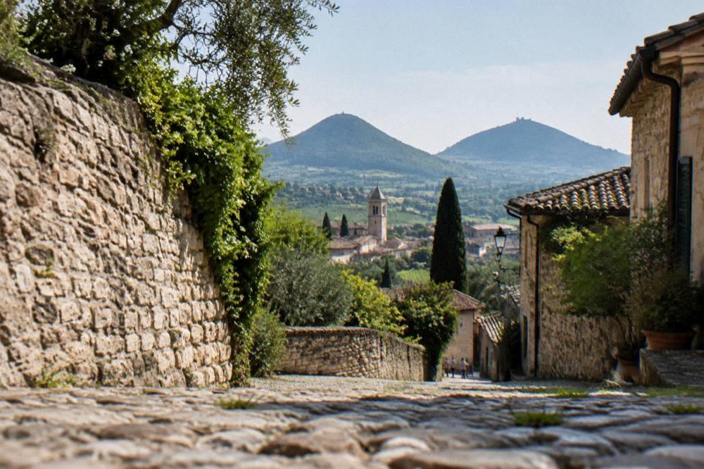 Conical volcanic hills rising above vineyards and a small hill village
