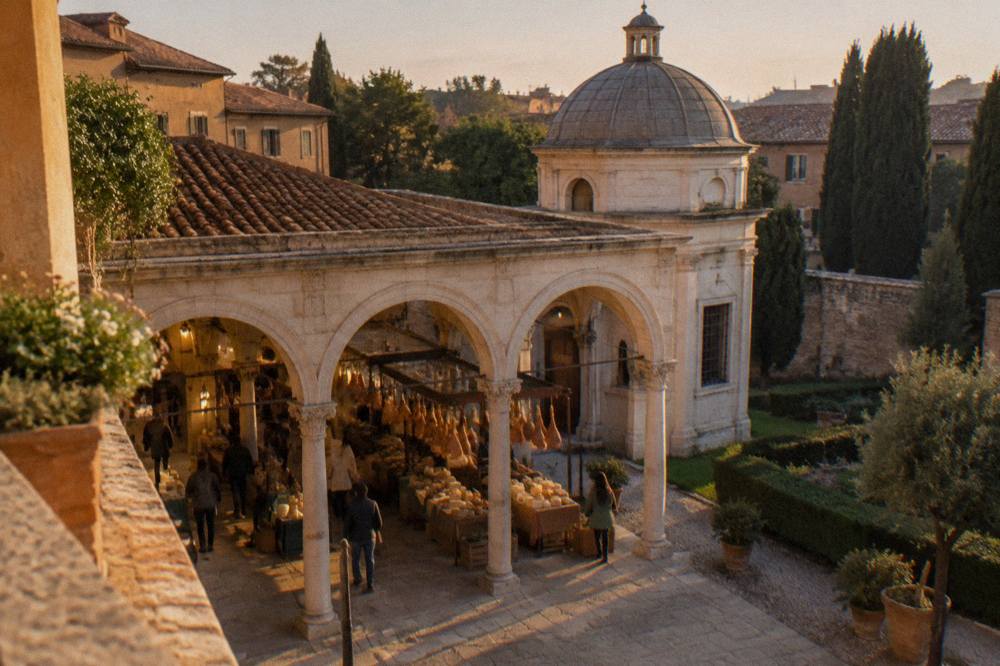 Covered market loggia with hanging cured meats and cheese stalls beneath stone arches