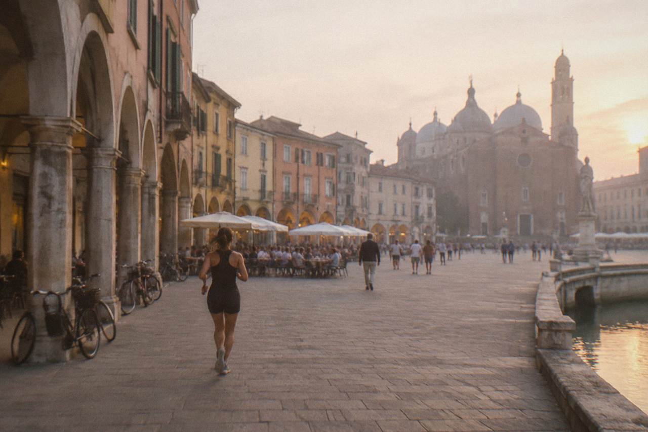 Illuminated historic buildings around a busy Padua square at dusk with people at outdoor tables