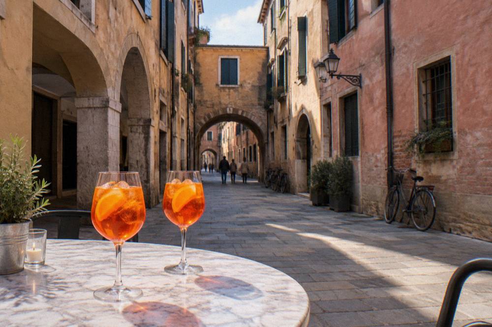 Two orange spritz cocktails in wine glasses on a marble table in a lamplit square