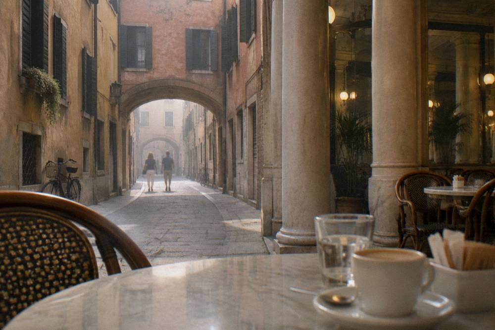 A grand neoclassical cafe interior with columns, mirrors and small marble tables in warm light