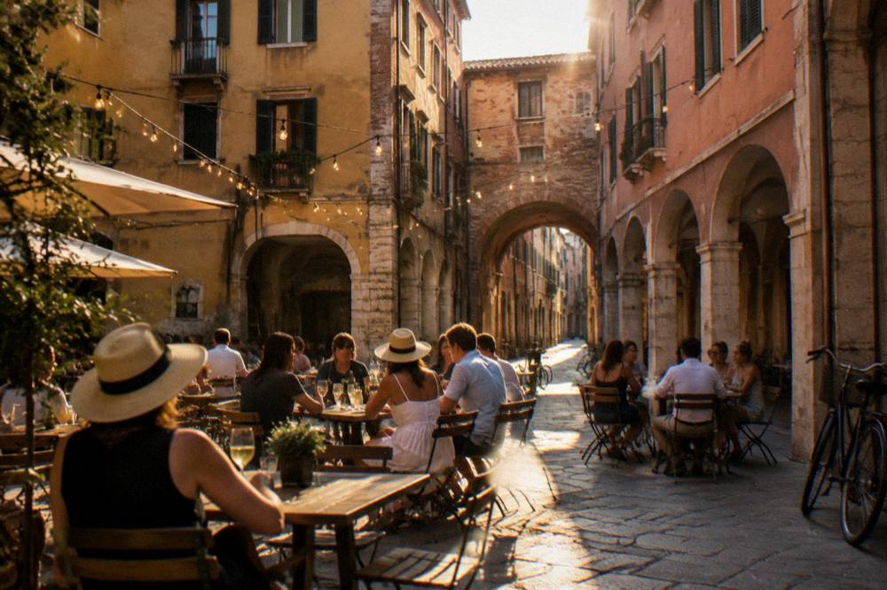 People at outdoor tables under string lights in an Italian square on a warm summer evening