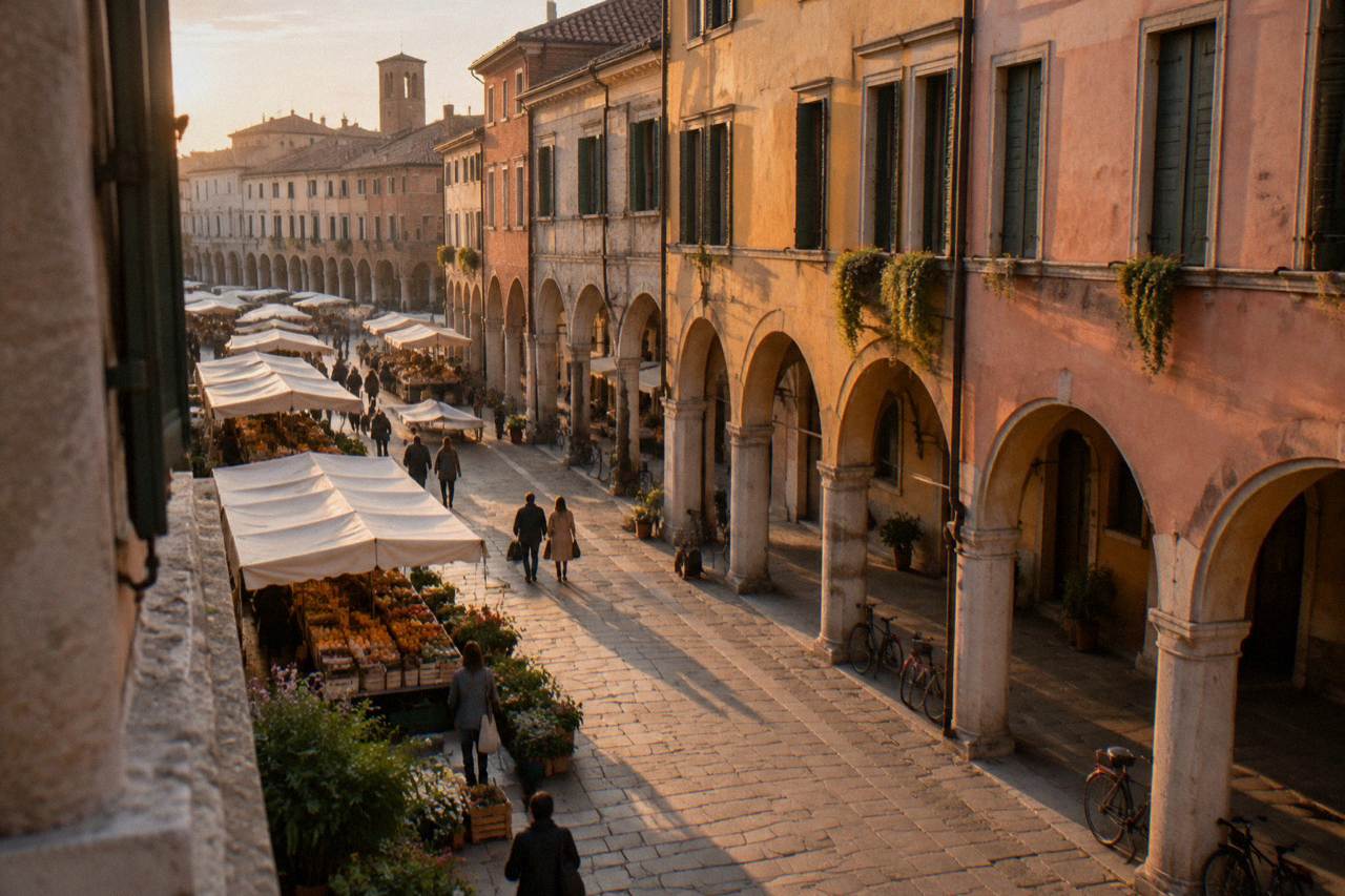 Arcaded street in Padua with market stalls and old buildings under a soft sky