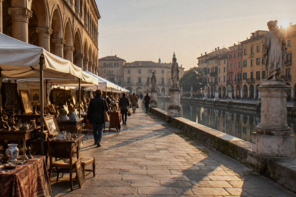 Antique stalls set out beside a canal ringed with statues in a large square