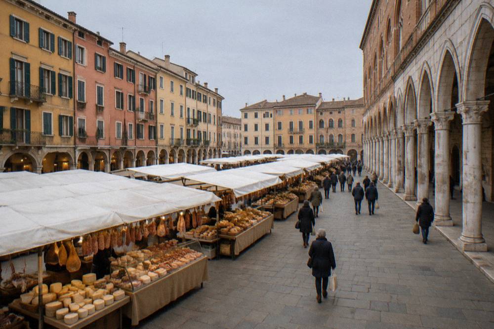 A covered food market hall with counters of cheese, cured meats and bread