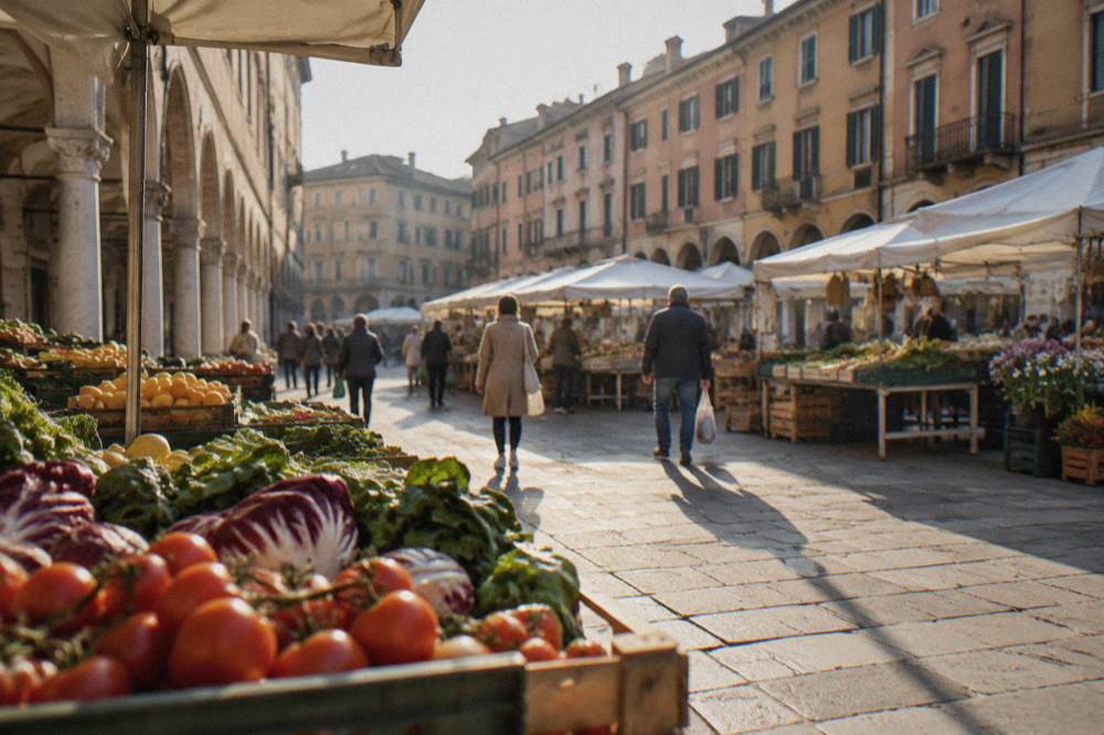 Shoppers walking between market stalls in a colonnaded Italian square