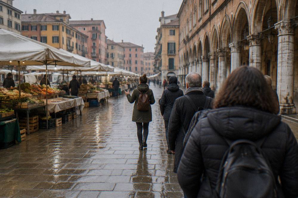 A guide leading a small group on foot through narrow arcaded streets