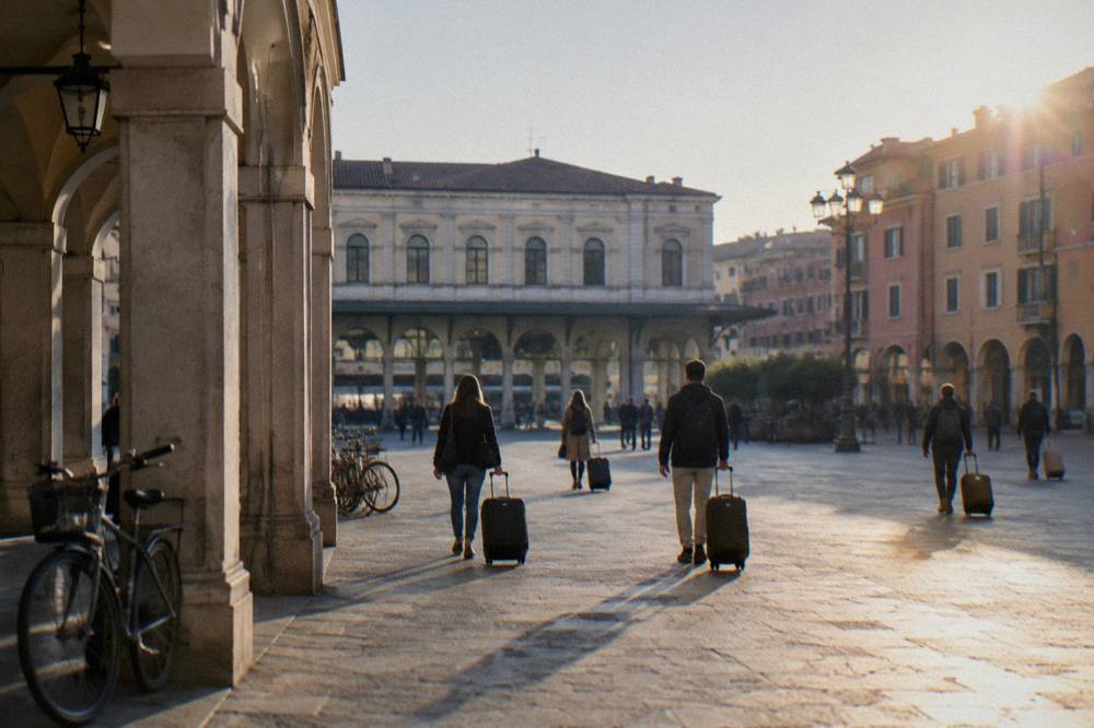 Travellers with suitcases walking across the open square in front of Padua station under a clear sky