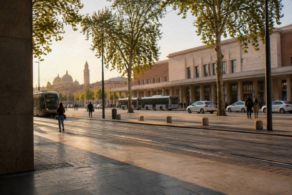 Evening light on Padua's station square with the tram tracks and the city skyline beyond
