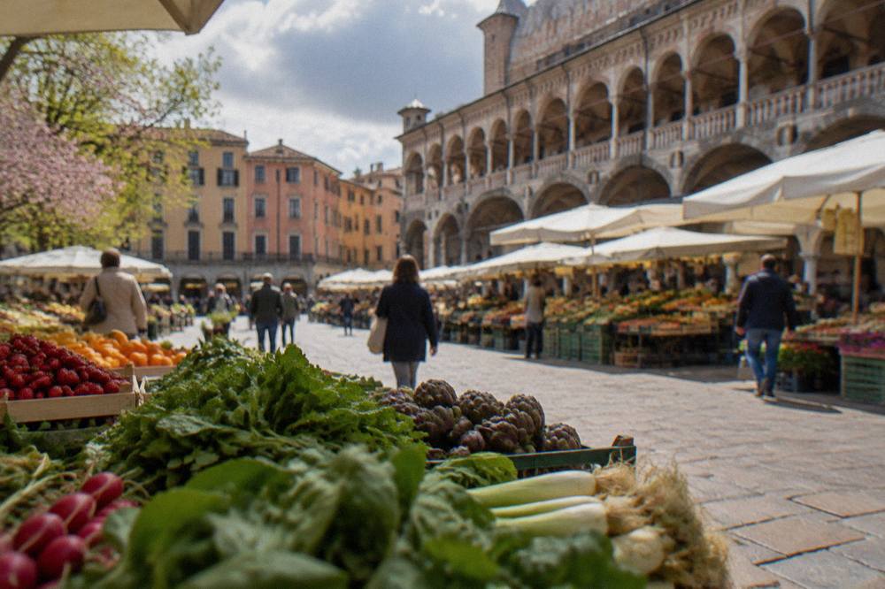 Piazza delle Erbe in Padua on a bright spring morning with market awnings