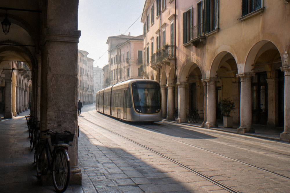 A modern tram moving along a Padua street with arcaded buildings on either side