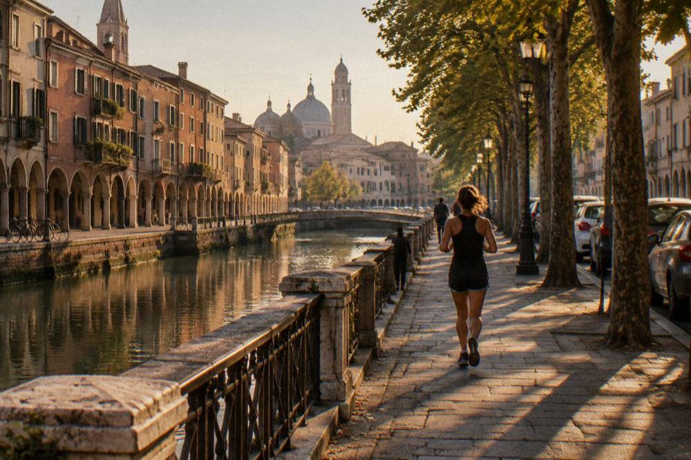 Cars parked along a tree-lined street at the edge of Padua's historic centre with the city skyline beyond