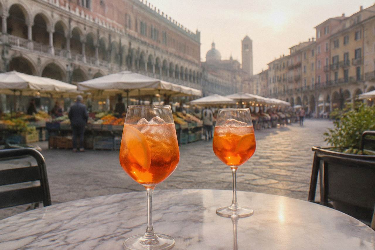 Two orange spritz cocktails in wine glasses on a marble table in a Paduan square at dusk