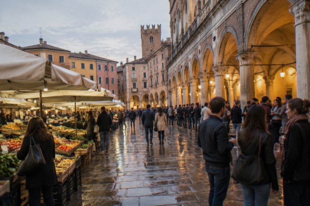 People standing with glasses under the arcades of a lit Paduan square in the early evening