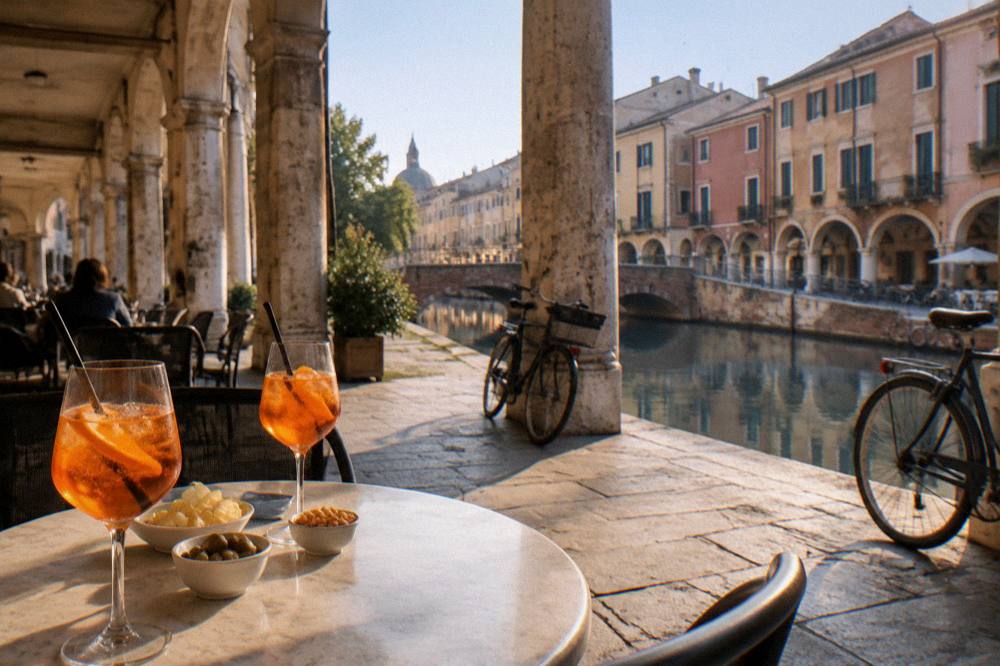 A table with spritz glasses and small snack bowls under an arcade on a warm evening in Padua