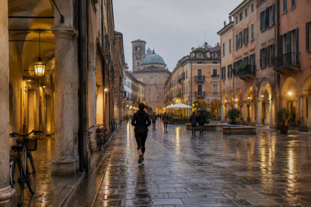 A evening street in Padua with lit arcade arches and people walking between squares