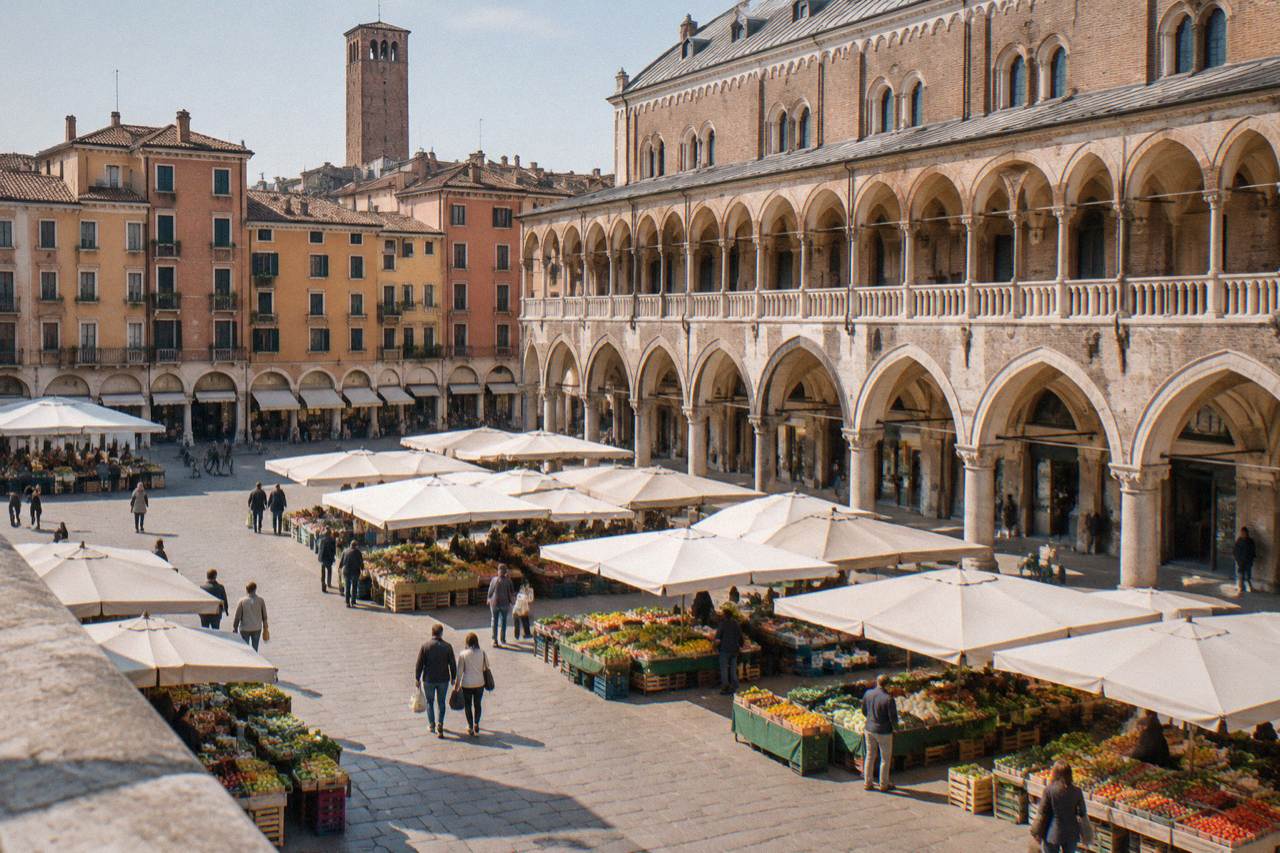 Arcaded market square in Padua with fruit and vegetable stalls under historic buildings
