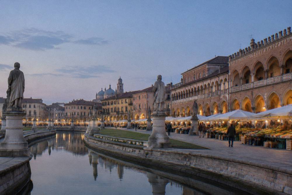 Oval city square with a canal, grassed island and a double ring of statues