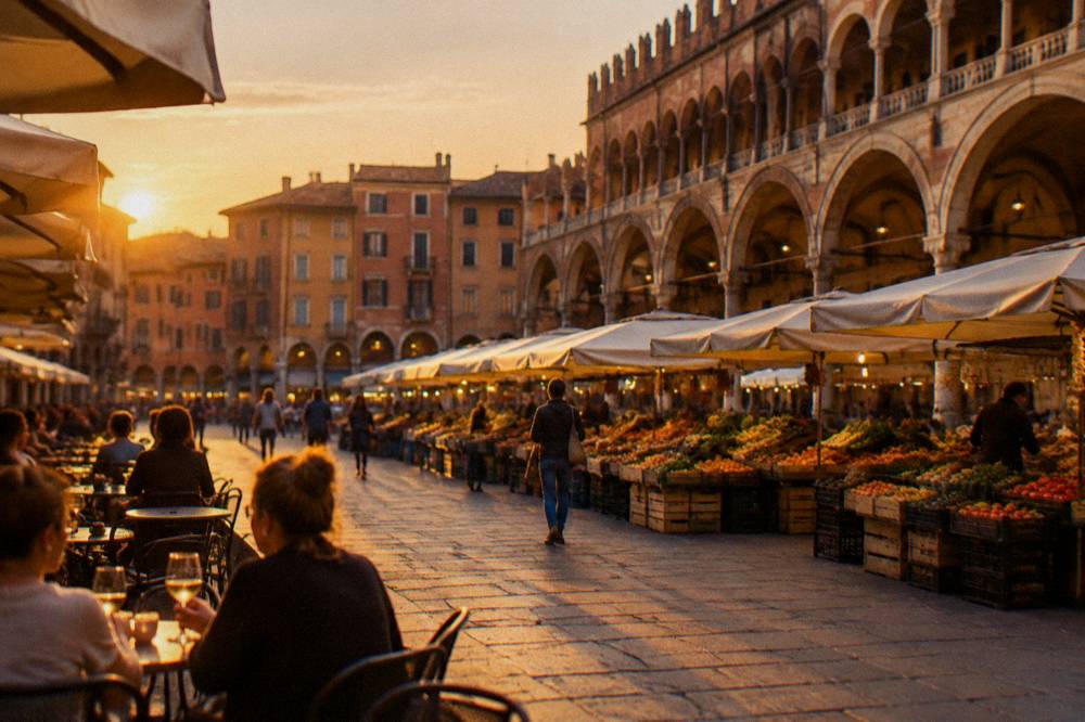 Illuminated square at dusk with people holding drinks at outdoor tables