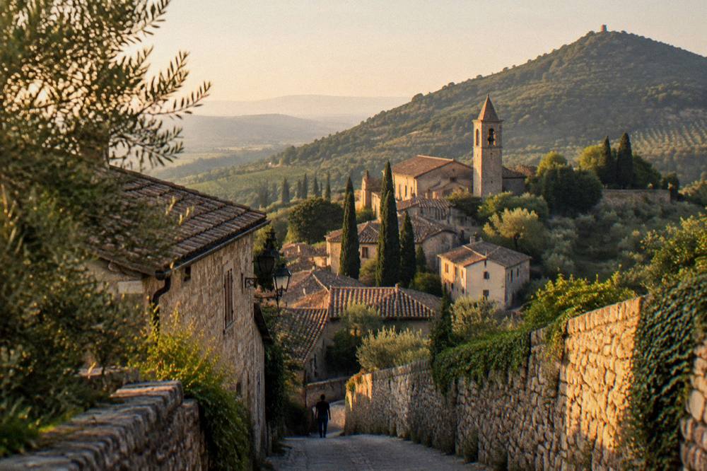 Walled hill town among vine-covered Euganean hills on a clear afternoon