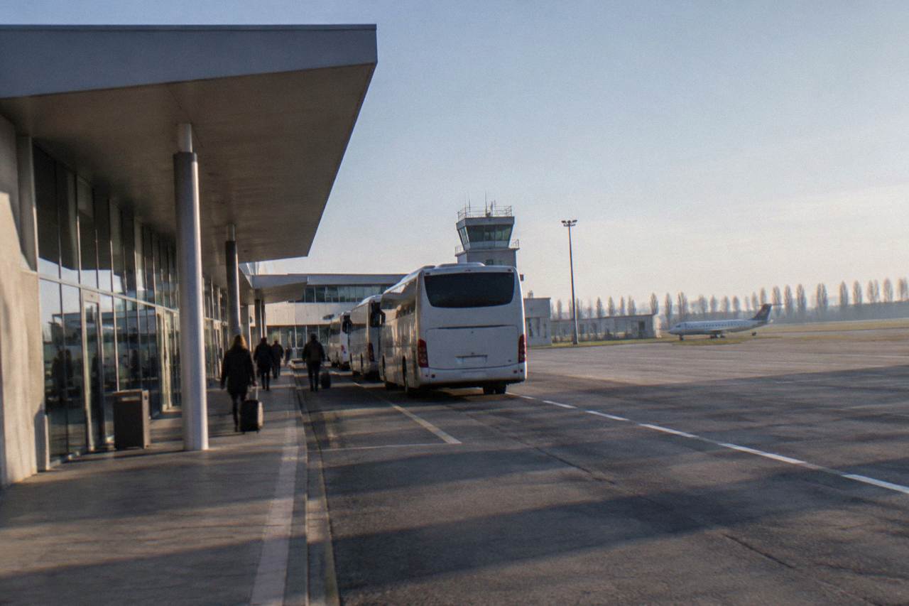 A small regional airport terminal with low-rise buildings under a clear sky
