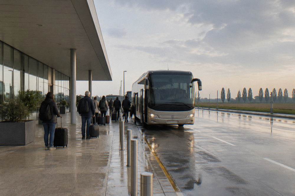 A coach parked at an airport kerbside with passengers waiting with luggage