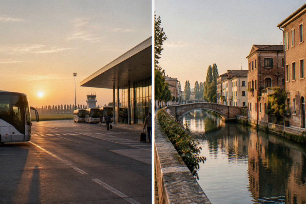 A canal lined with brick buildings and a low bridge in a small Italian city