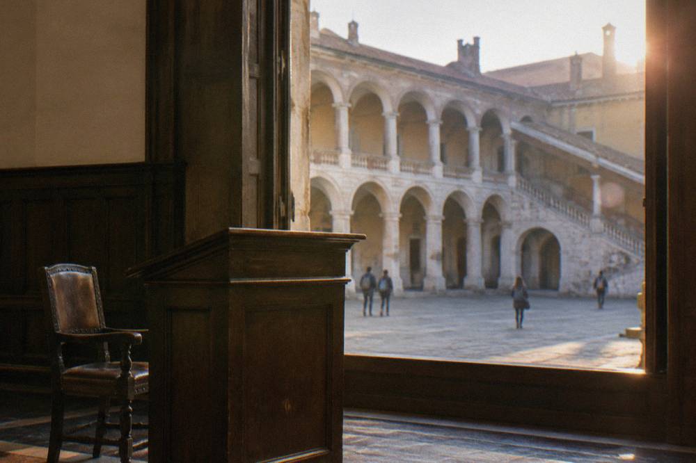 Wooden lectern and old chair in a paneled historic hall of a university building
