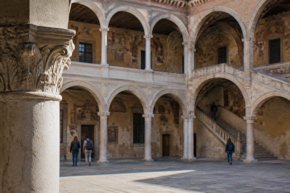 Courtyard of a Renaissance university palace with frescoed walls and an internal staircase